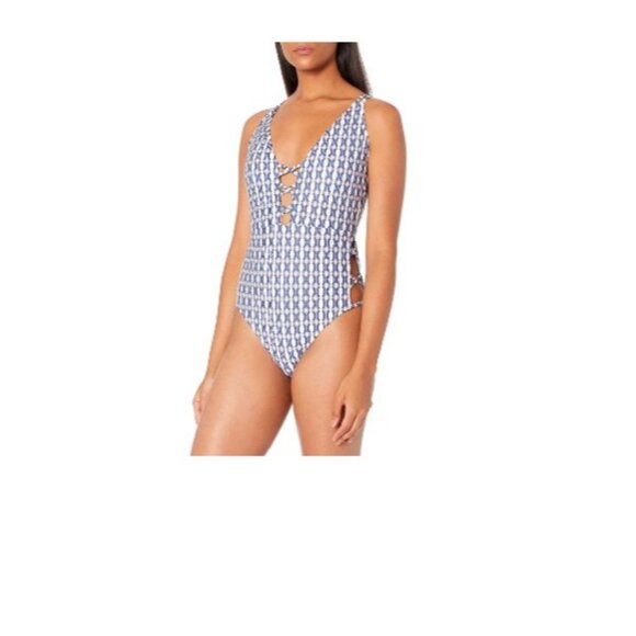 Jessica Simpson $98 Navy Venice Beach Plunging Strappy One Piece Swimsuit Size M - Picture 1 of 6